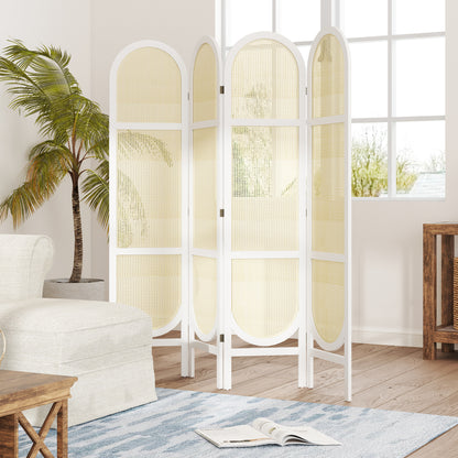 Kamerscherm – Room Divider – Scheidingswand – Vouwscherm – Privacy Scherm – Wit – 4 Panelen – Lichtgewicht Paulownia Hout & Kunstrotan