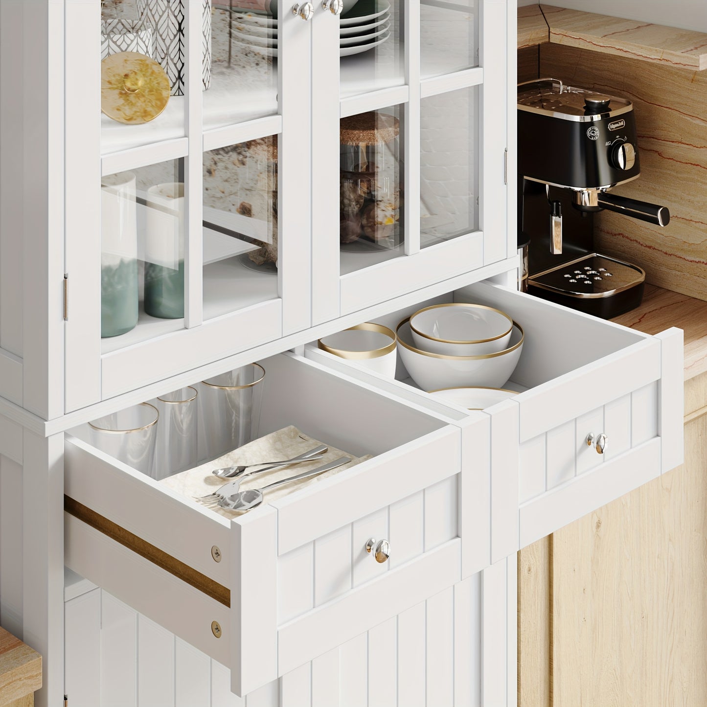 Keukenkast – Voorraadkast – Opbergkast – Buffetkast – Keukenmeubel – 181 cm Hoog – MDF Hout Wit Met Glazen Deurtjes