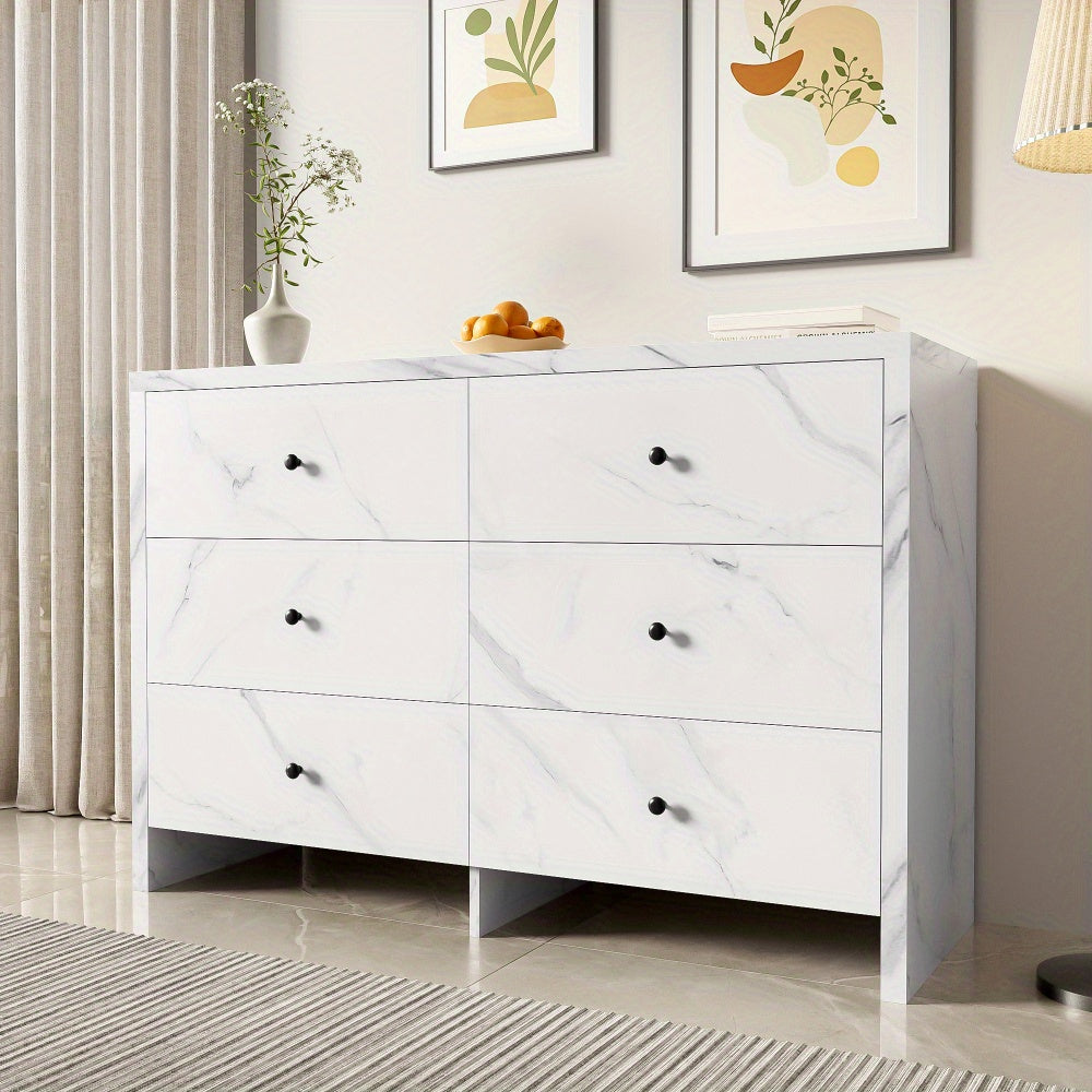 Opbergkast – Kast – Ladenkast – Bergkast – Dressoir – Wit Met Marmerlook – 120 cm Breed – Zes Lades Met Anti-Kantelmechanisme