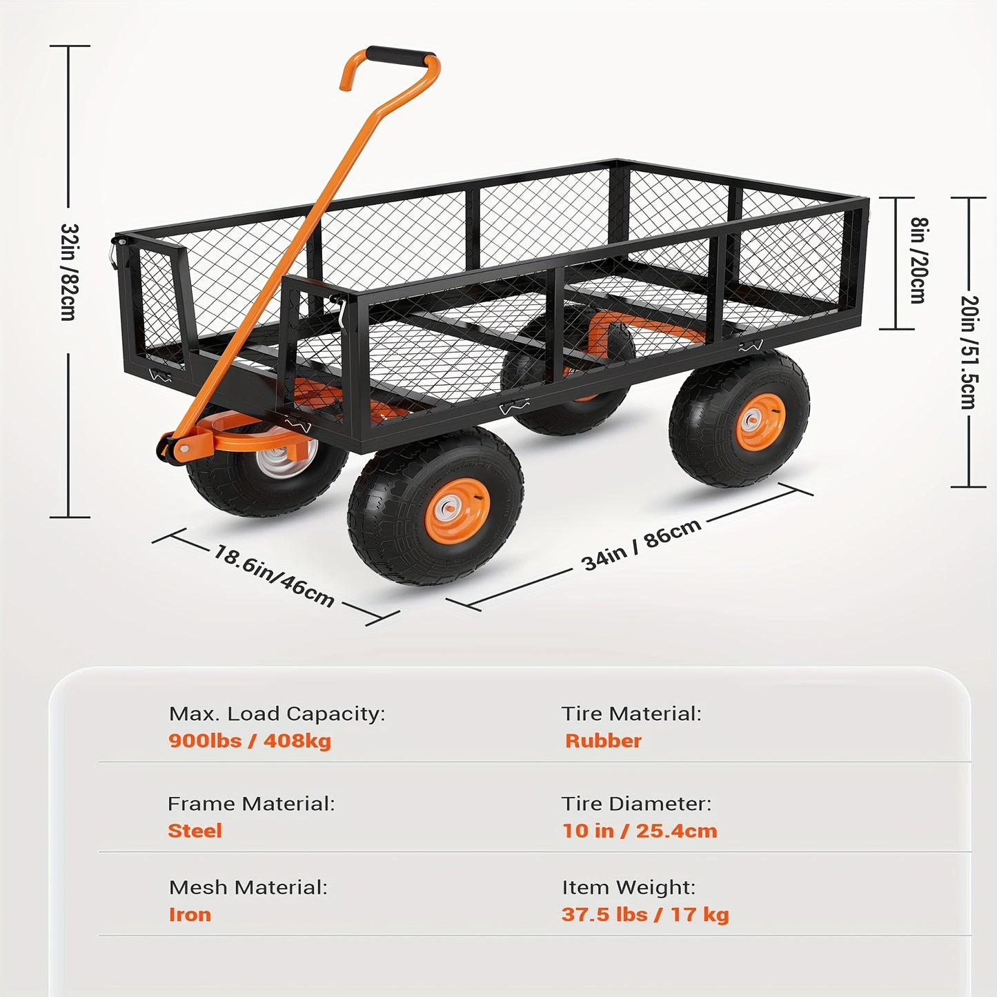 Tuinkar – Kruiwagen – Transportkar – Tuinwagen – Karretje – 408,23 kg Draagvermogen – Verwisselbare Mesh Zijkanten – 180° Draaibare Handgreep – 25,4 cm All-Terrain Banden – Lichtgewicht Stalen Frame