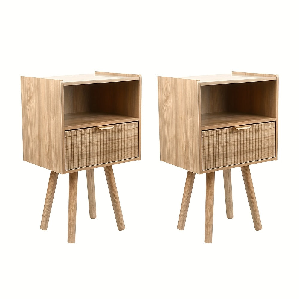 nachtkastje – nachtkastjes – bijzettafel – ladekast – wandkast – Set Van 2 – Licht Eikenhout – Compact 40x30x66 cm – Met Lade En Deurpaneel – Stevige Poot