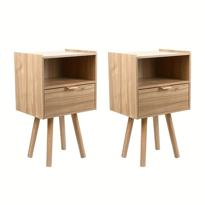 nachtkastje – nachtkastjes – bijzettafel – ladekast – wandkast – Set Van 2 – Licht Eikenhout – Compact 40x30x66 cm – Met Lade En Deurpaneel – Stevige Poot