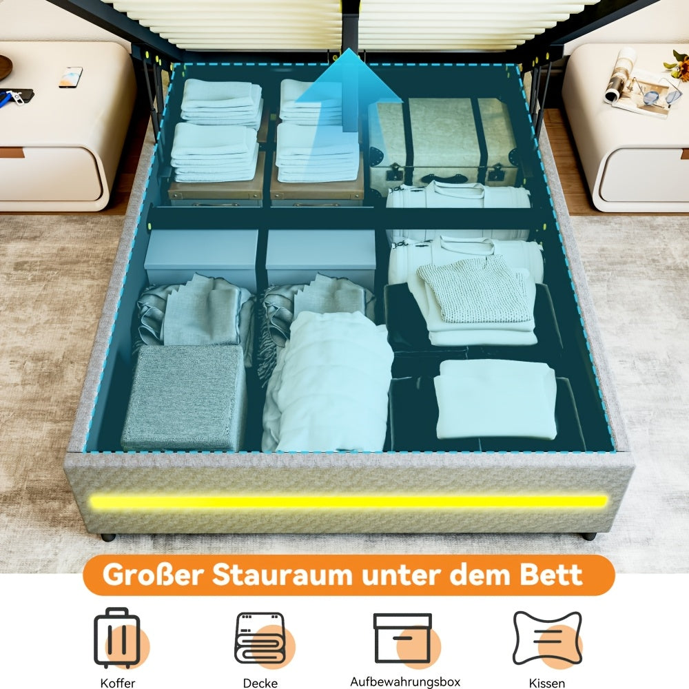 Modern Upholstered Double Bed Frame with Hydraulic Storage & LED Headboard - Lift-Up Platform Bed Suitable for Small Spaces, Grey Bed 140x200cm, Easy Assembly (No Mattress Included)