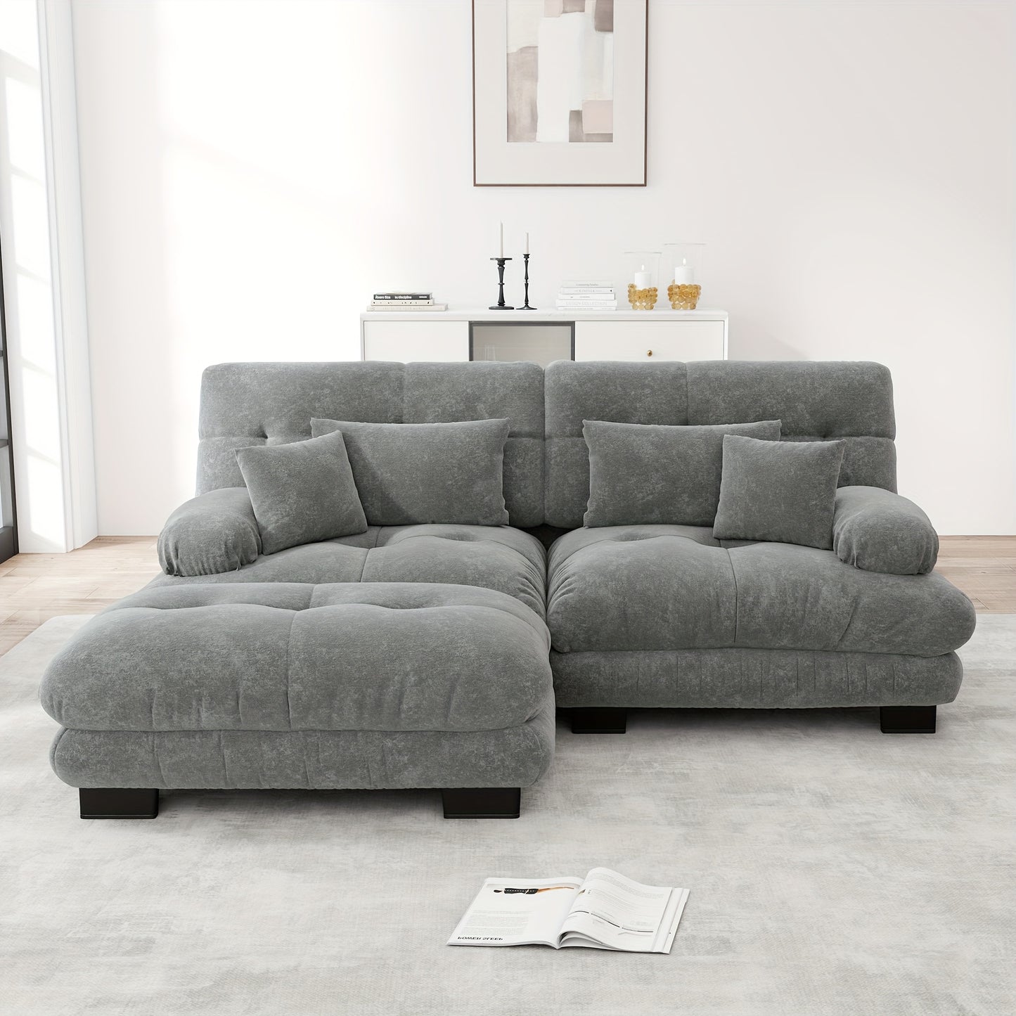 Living Room Cloud Corner Sofa, Chenille Loveseat with 2 Lumbar Cushions And 2 Decorative Pillows, Upholstered Sofa with Wide Armrests And Footstool