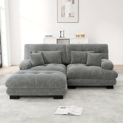 Living Room Cloud Corner Sofa, Chenille Loveseat with 2 Lumbar Cushions And 2 Decorative Pillows, Upholstered Sofa with Wide Armrests And Footstool