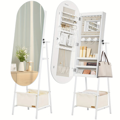 Jewelry Cabinet, Standing Mirror Cabinet, Built-in 6-LED Lighting And Mirror, Lockable, Wall Cabinet with Mirror, with Hanging Compartments And Baskets, Modern Elegance, White, Jewelry Armoires