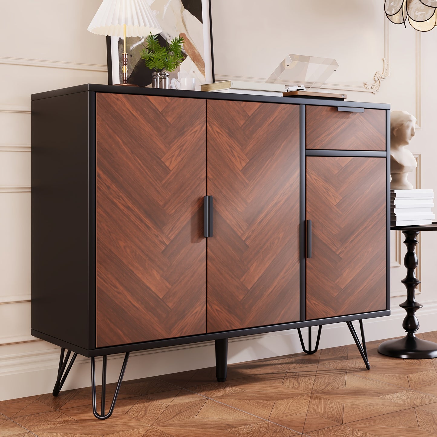 Opbergkast – Kasten – Sideboard – Dressoir – Lockers – Zwart Met Houtlook – Verstelbare Planken – Lade – Stevige Constructie