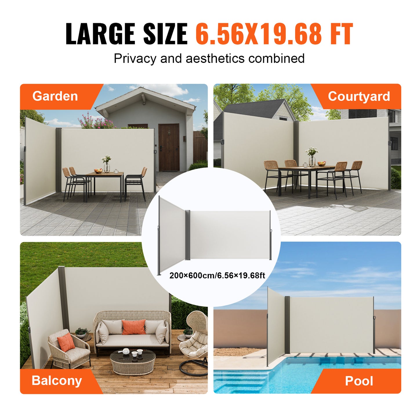Uitschuifbaar Zijscherm – Privacyscherm – Windscherm – Terrasscherm – Balkonafscheiding – 200x600 cm – Weerbestendig Polyester