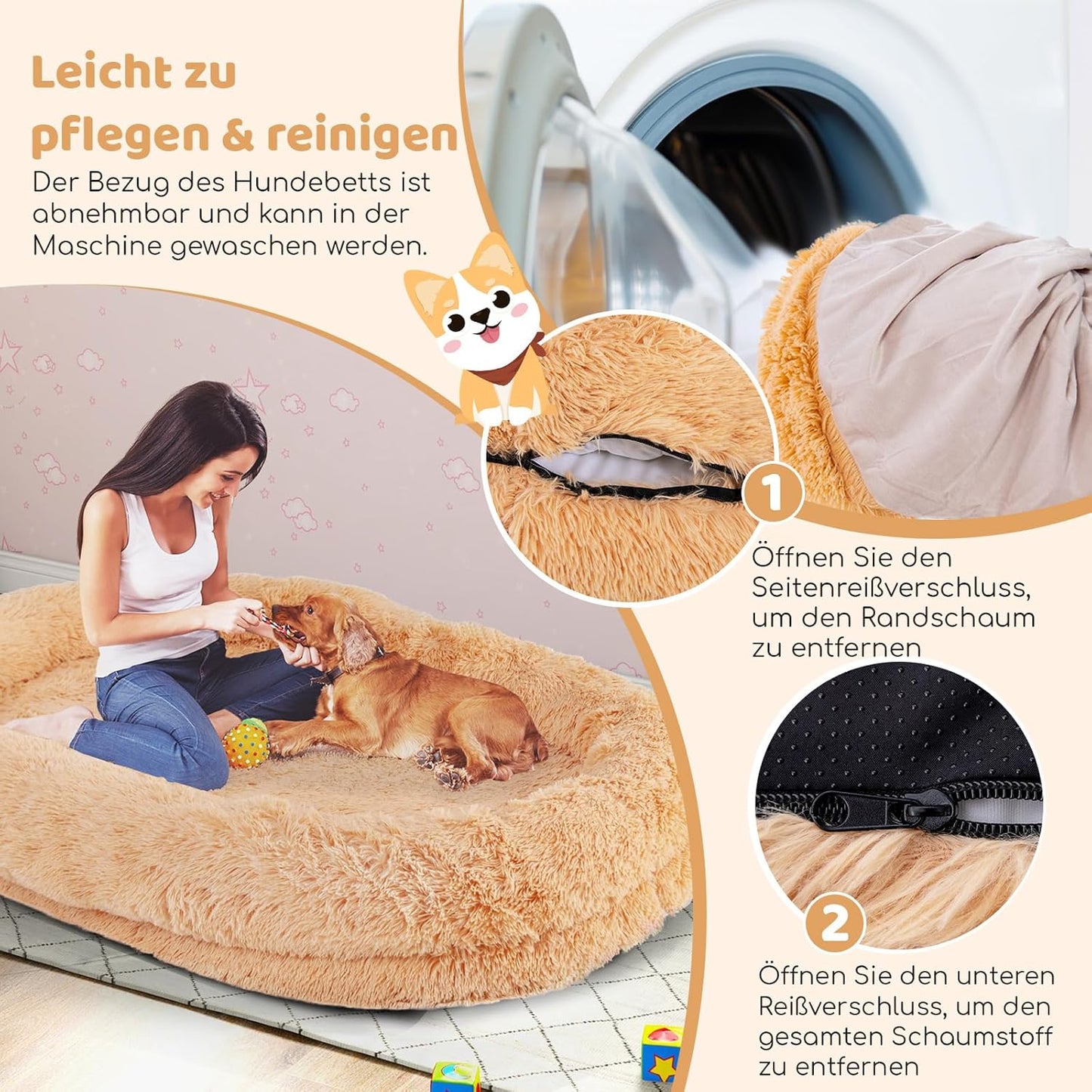Oversized Hondenbed – Hondenmand – Huisdierenbed – Orthopedisch Bed – Dierenkussen – 171x115 cm – Orthopedisch Traagschuim – Wasbare Pluche Hoes – Bruin
