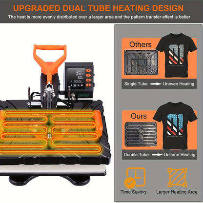8-in-1 Digital Heat Press Machine Combo for T-Shirts, Caps & Mugs - 360° Swing Away Dual-Tube Heating, 30.48x38.1 cm Sublimation Area, Includes Accessories for DIY Projects, Black & Orange Design, Heat Press Transfer Designs