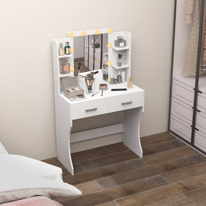 Make-up Tafel – Vanity Table – Dressing Table – Make-up Bureau – Schoonheidstafel – Wit – Compact Ontwerp – Stevig Metalen Frame – Lage Hoogte – 2 Lades & Open Planken