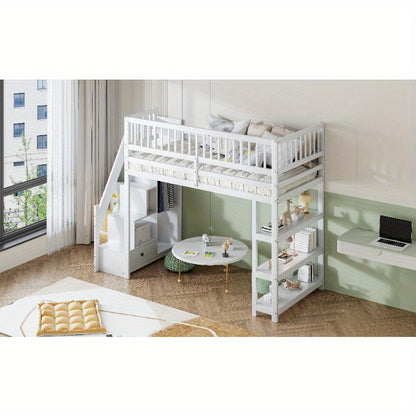 Hoogslaper – Stapelbed – Eenpersoonsbed – Kinderbed – Bed met Opbergruimte – 90 x 200 cm – Veiligheidsladder – Witte Multifunctionele Hoogslaper met Kast en Planken