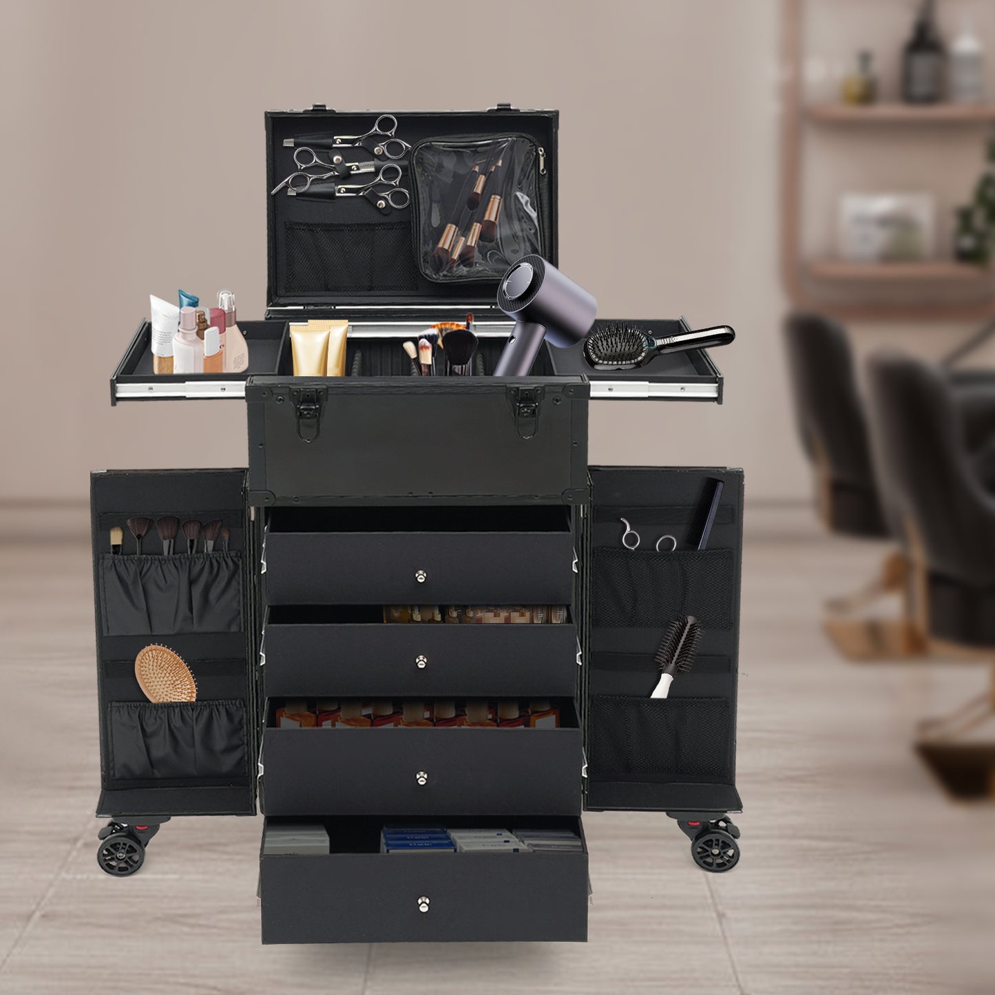 Make-up koffer – Make-up trolley – Cosmetica koffer – Beautycase – Visagiekoffer – Verstelbare hoogte – 360° draaibare wieltjes – Harde ABS buitenkant – Sleutelslot – Zwart
