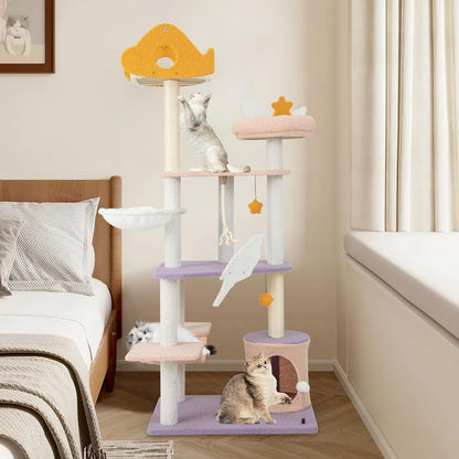 Kattentoren – Kattenmeubel – Krabpaal – Kattenboom – Krabmeubel – Multi-Level Speelparadijs – Natuurlijke Sisal Krabpalen – Comfortabele Hangmatten en Huisje – Paars-Roze
