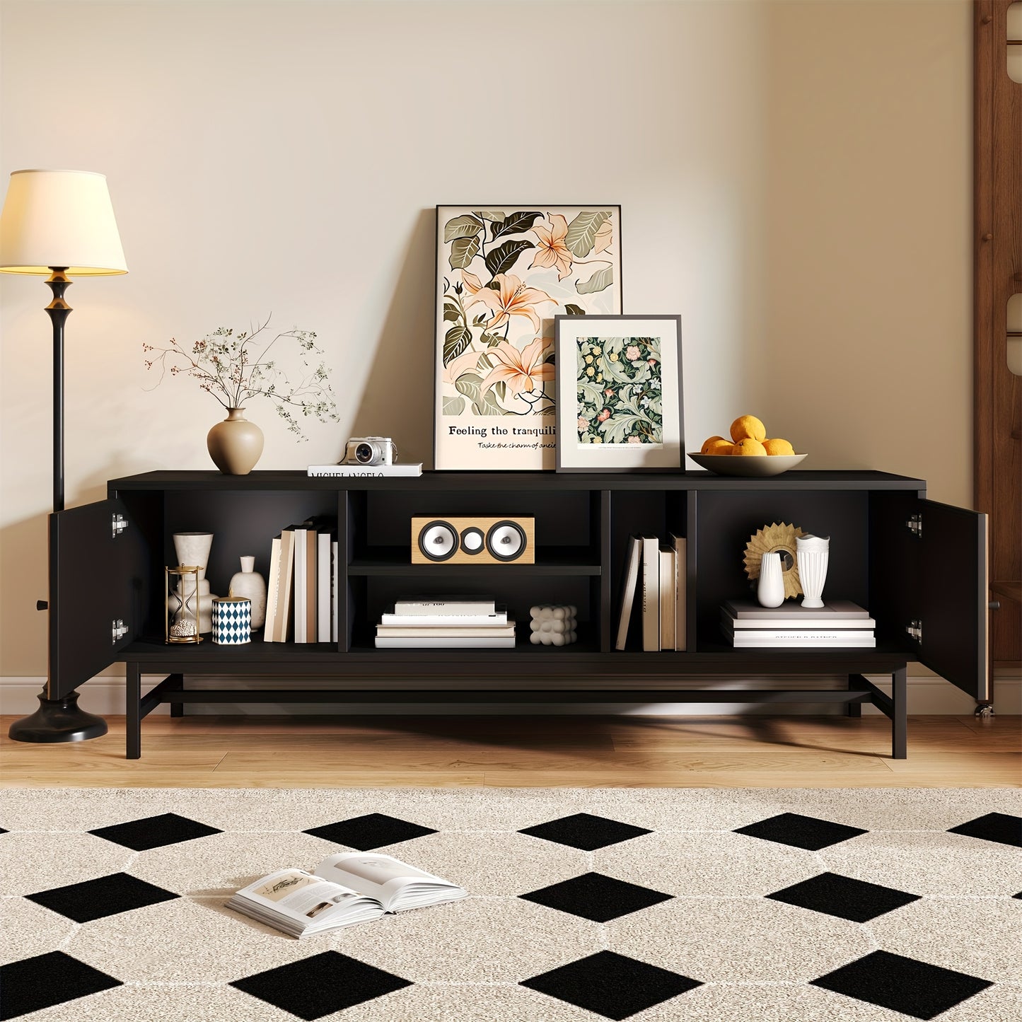 TV Meubel – TV Kast – TV Stand – Mediameubel – Meubel – 150 cm – Houtvezelplaat Zwart – Multifunctionele Opbergruimte