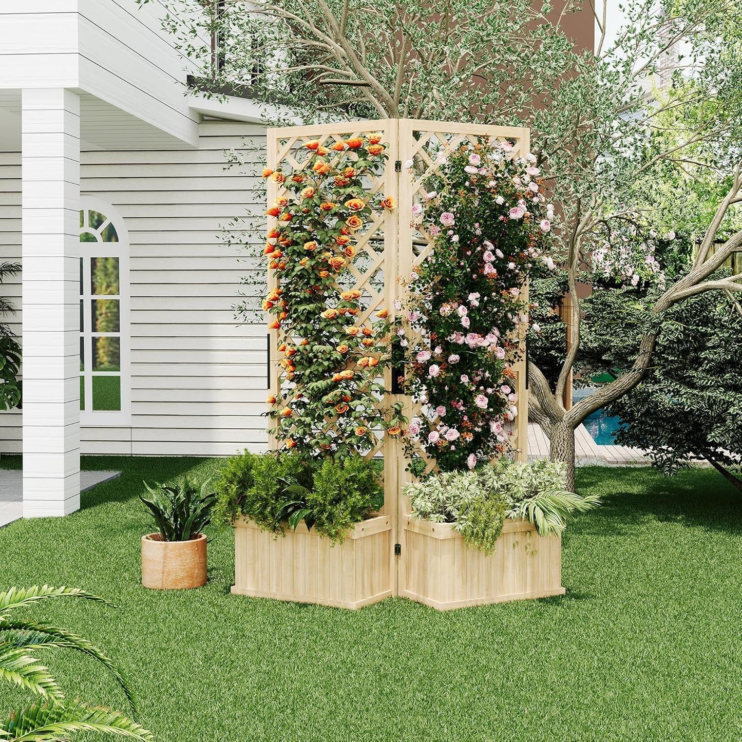Houten Tuinscherm – Privacy Scherm – Tuinafscheiding – Tuinscherm Scharnierend – Buiten Scherm – 2 Schermen – Met Plantenbak – Afmetingen 104x25x165 cm – Gepolijst Hout Met Drainage