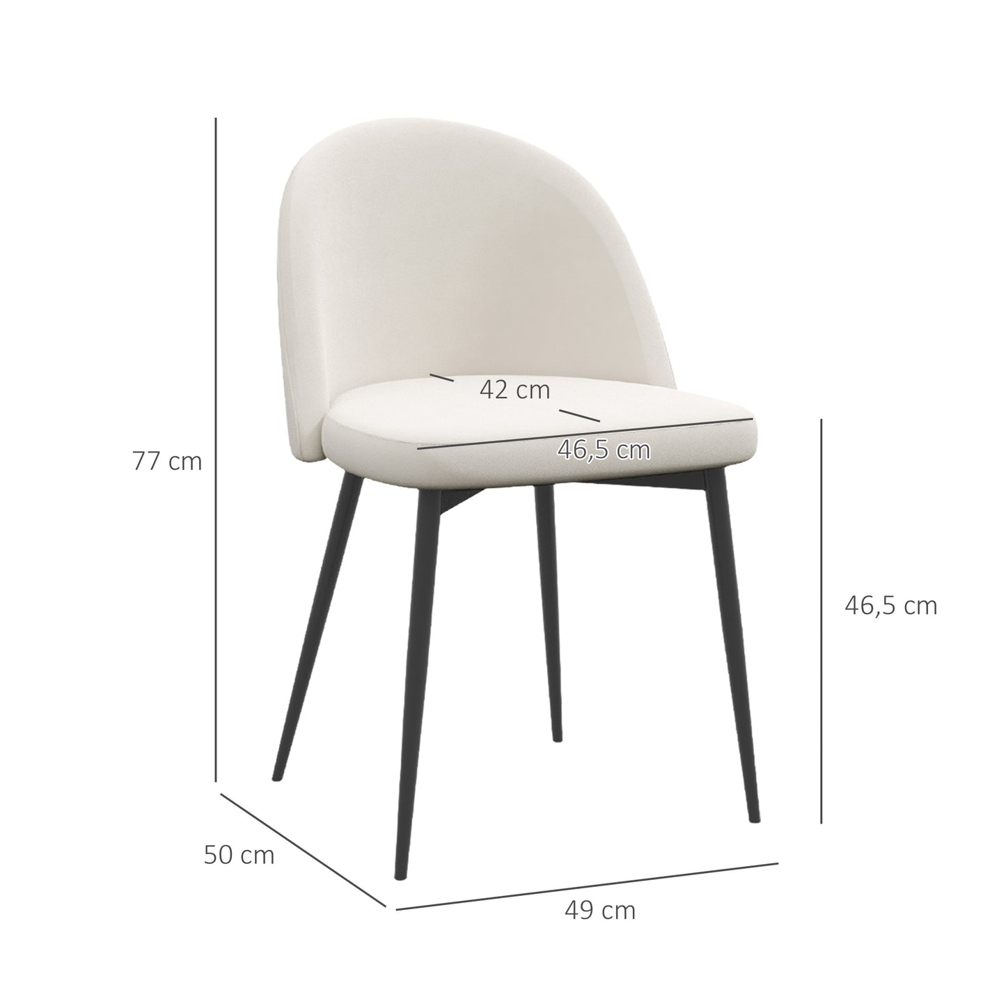 HOMCOM Set of 2 Dining Chairs Scandinavian Velvet Padded Kitchen Chair with Thin Metal Legs, for Living Room, Dining Room, Cream