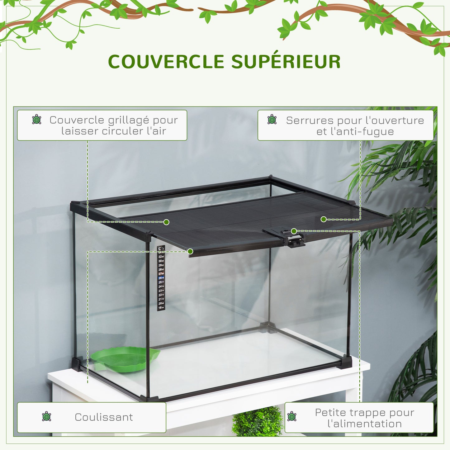 Terrarium – Reptilienbox – Faunarium – Vivarium – Habitat – Gehard Glas – Metalen Gaas Ventilatie – 50x30x35 cm – Schuifdeksel Transparant