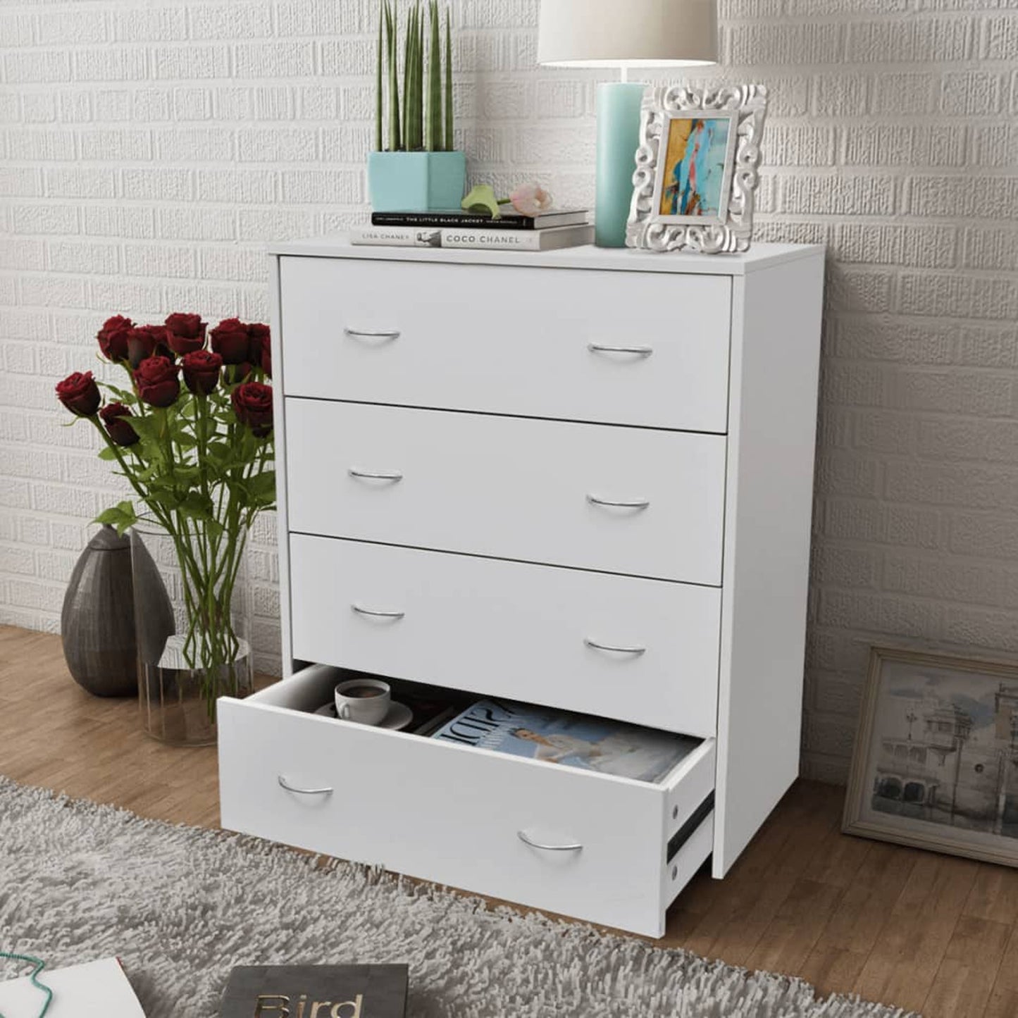 Ladeblok – Ladekast – Opbergkast – Ladekastje – Rolcontainer – 4 Lades – Compact 60x30,5x71 cm – Wit Rattan-achtig Materiaal