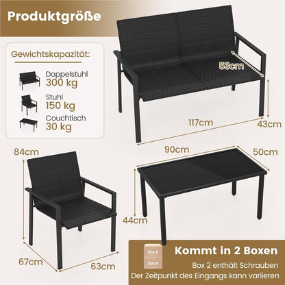 Polyrattan Tuinset – Tuinmeubelset – Loungeset – Buitenmeubelen – Patio Meubilair – 4-delig Zwart – Ergonomisch Design – Tempered Glas Tafel