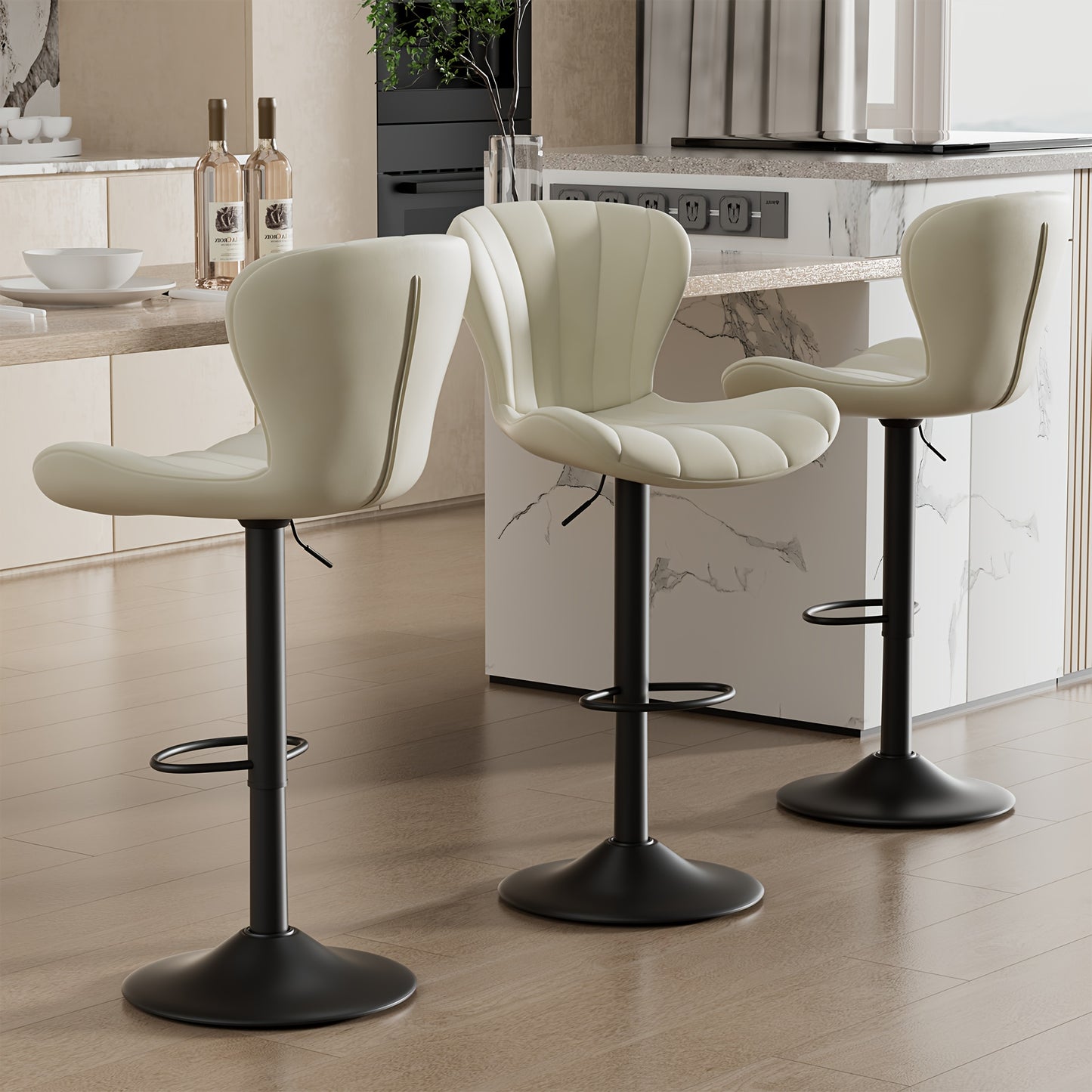Barkrukken – Barstoelen – Hoge Stoelen – Keukenstoelen – Bistro Stoelen – Ergonomisch Design – 360° Draaibaar – Beige Kunstleer – Verstelbare Hoogte – Met Rugleuning En Voetsteun – Set Van 2