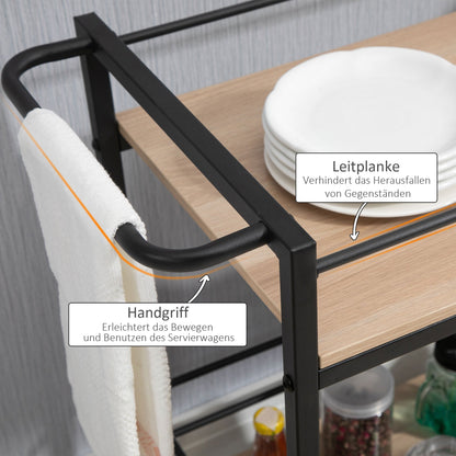 Keukenwagen – Serveerwagen – Trolley – Opbergwagen – Keukentrolley – Houten Planken & Stalen Frame – Verrijdbaar Met Railing 82x40x75 cm