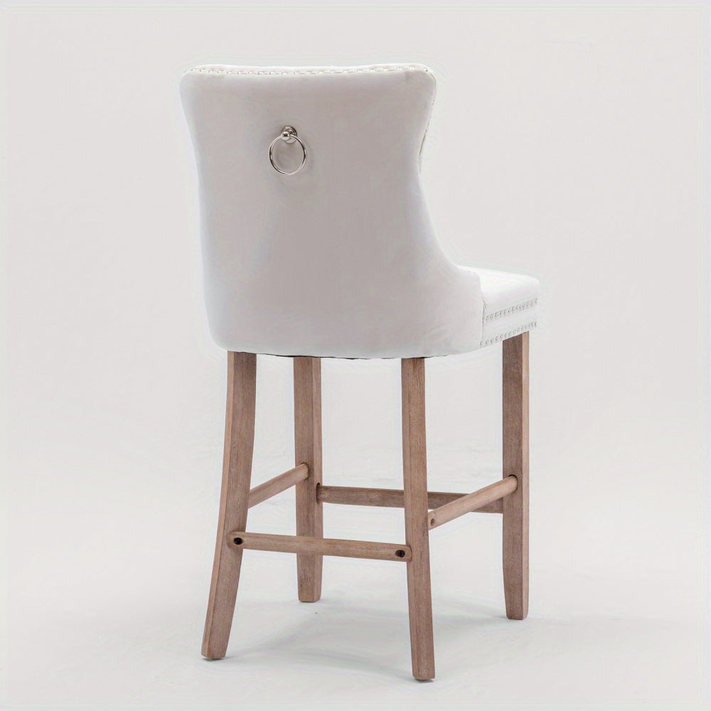 Barstoel – Barkruk – Barstoel Kussen – Barkrukken Set – Barstoel Counterhoogte – Velvet Bekleding – Foamgevulde Zitting – Wingback Design – Stevige Rubberhouten Poten – Franse Stijl – Set Van 2 – Beige