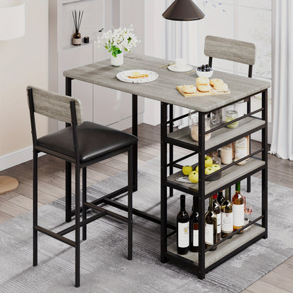 Bartafelset – Eettafel Set – Barkrukken – Bistro Set – Keukentafelset – Compact 3-Delig – MDF en Metaal – Met 3 Ruime Opbergruimtes – Vintage Grijs