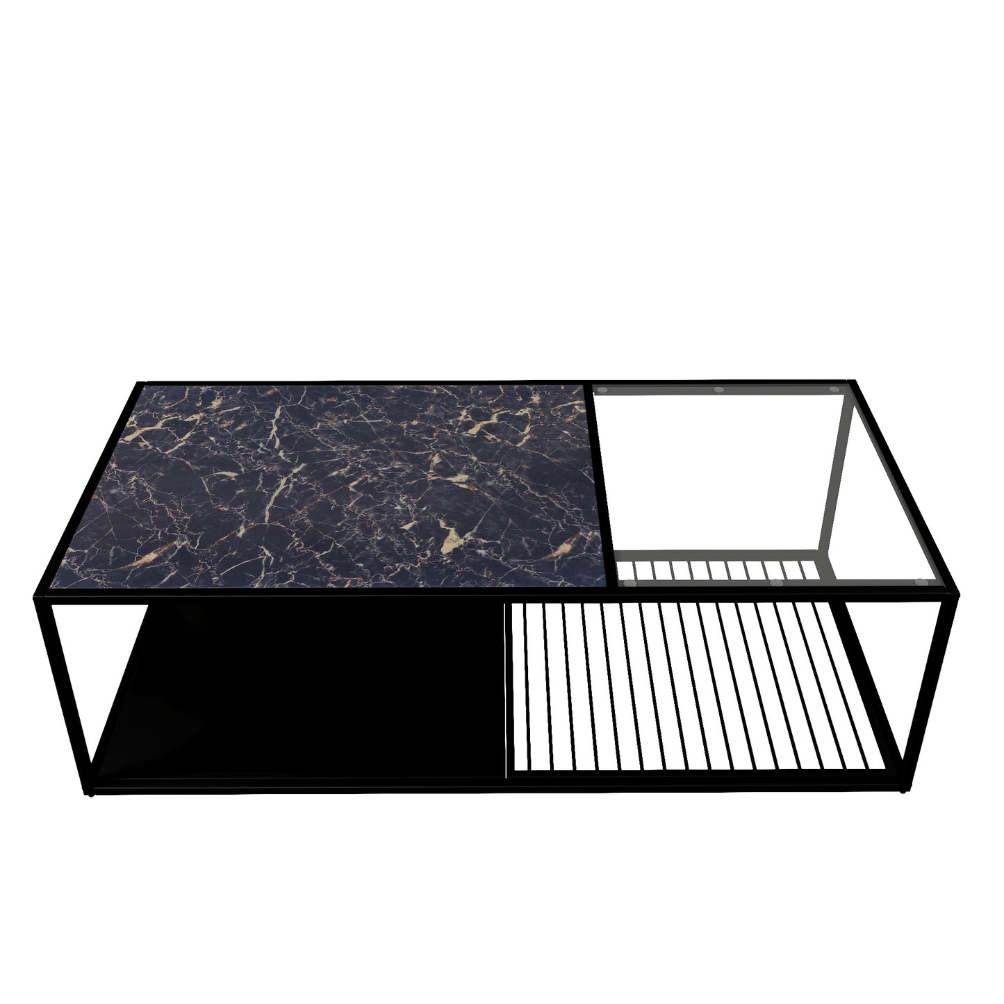 BTM Coffee Table, Wrought Iron Coffee Table with Glass, Large Storage Space