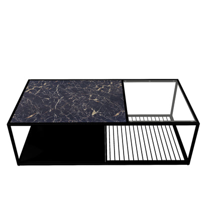 BTM Coffee Table, Wrought Iron Coffee Table with Glass, Large Storage Space