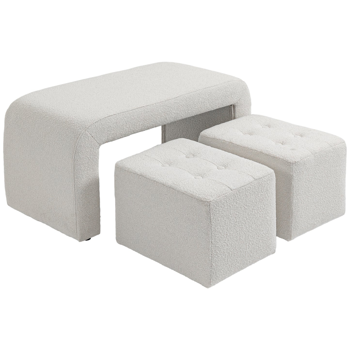 Poef – Hocker – Voetenbankje – Kruk – Opbergpoef – Set van 3 – Wit – Comfortabel Zitten – Stevig Eucalyptushouten Frame