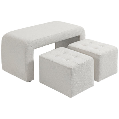 Poef – Hocker – Voetenbankje – Kruk – Opbergpoef – Set van 3 – Wit – Comfortabel Zitten – Stevig Eucalyptushouten Frame