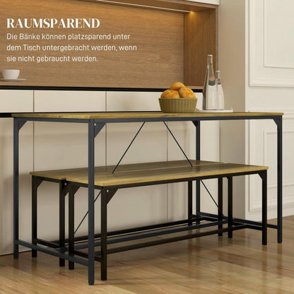 Eettafelset – Eettafel – Eetkamer Tafel – Keukentafel – Zitgroep – Stijlvol Ontwerp – MDF En Massief Hout – 4 Personen – Met 2 Banken