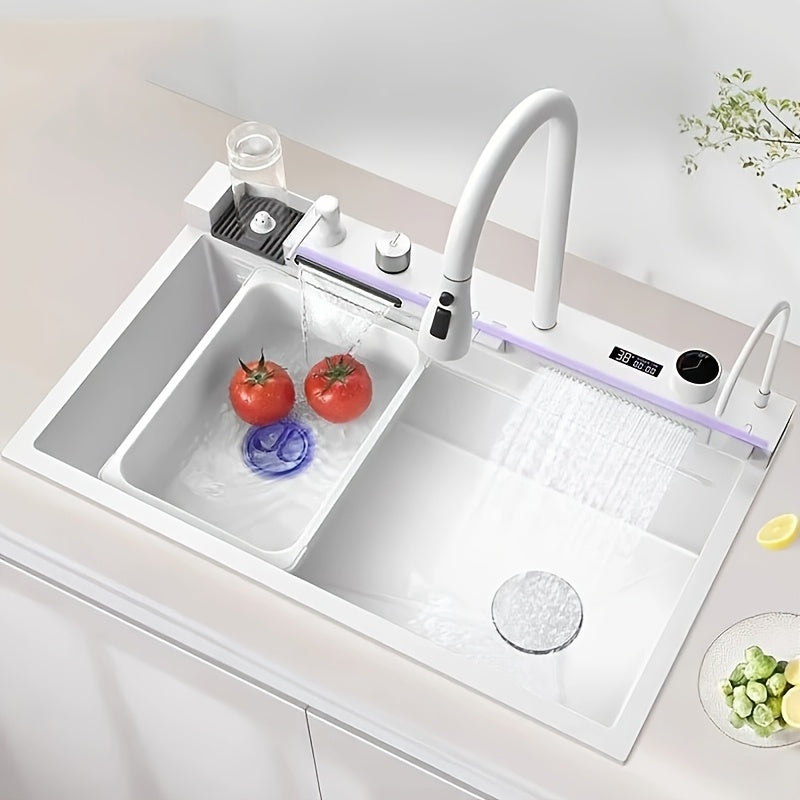 Keukenspoelbak – Spoelbak – Wasbak – Gootsteen – Enkele Spoelbak – Roestvrij Staal – Dubbele Bak Met LED Timer En Kraan Zonder Elektriciteit