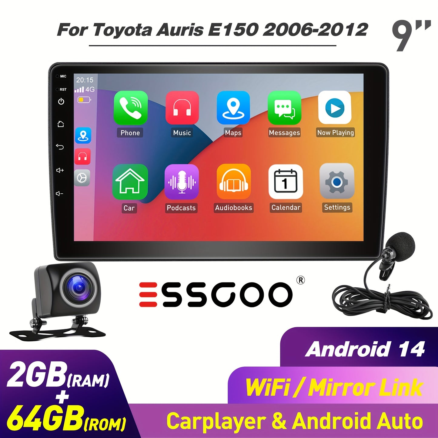 Multimedia Car Radio Toyota Auris E150 – 2-DIN Autoradio – Android Car Stereo – Touchscreen Speler – 9 Inch IPS Display – Draadloze Connectiviteit – Handsfree Bellen – Incl. Camera & Microfoon