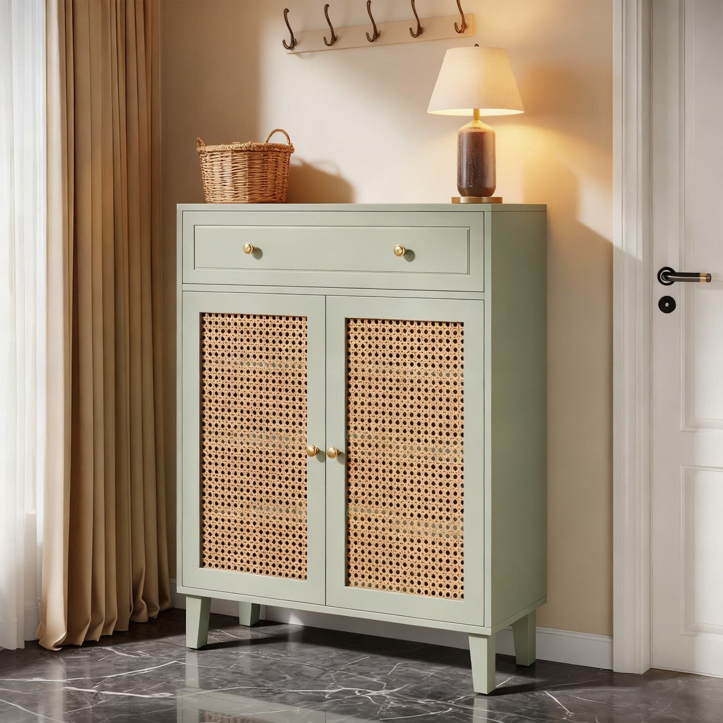 Opbergkast – Opbergmeubel – Kast – Schoenenkast – Dressoir – Mintgroen – Rattan Deuren – Verstelbare Planken – Lade – MDF Hout – Vloerstaand – Modern Design