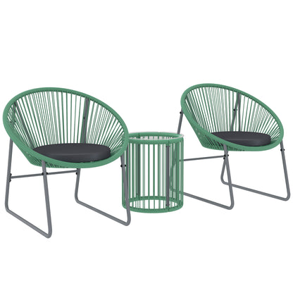 Tuinset – Bistroset – Loungeset – Tuinmeubelset – Balkonset – 3-delig – Ronde glazen tafel – Weerbestendig kunststof rattan met stalen frame – Inclusief zachte groene kussens