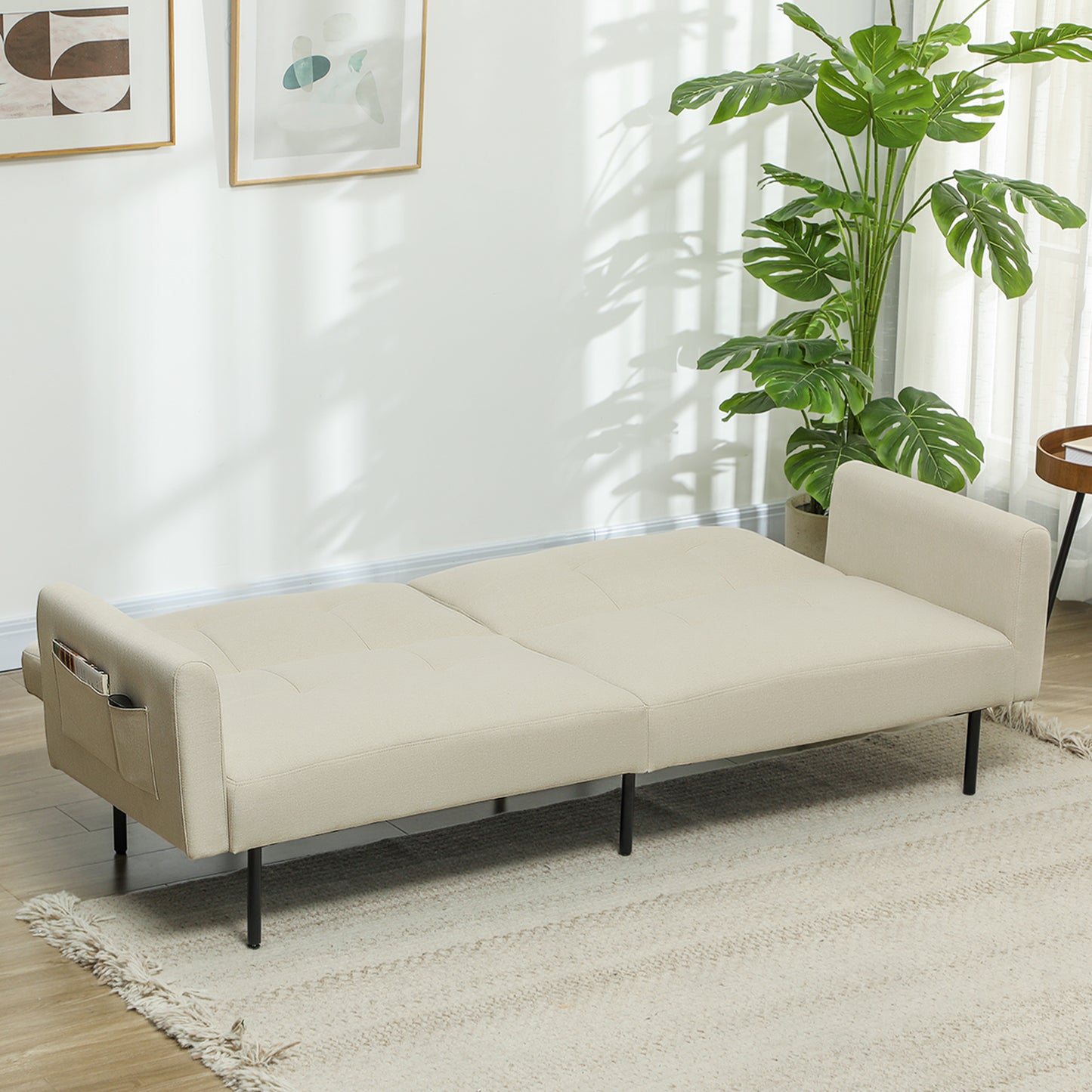 Bankbed – Slaapbank – Bedbank – Zetelbed – Logeerbed – 3-Zits – Verstelbare Rugleuning – Beige Linnenstof – Click-Clack Mechanisme – Zijvakjes