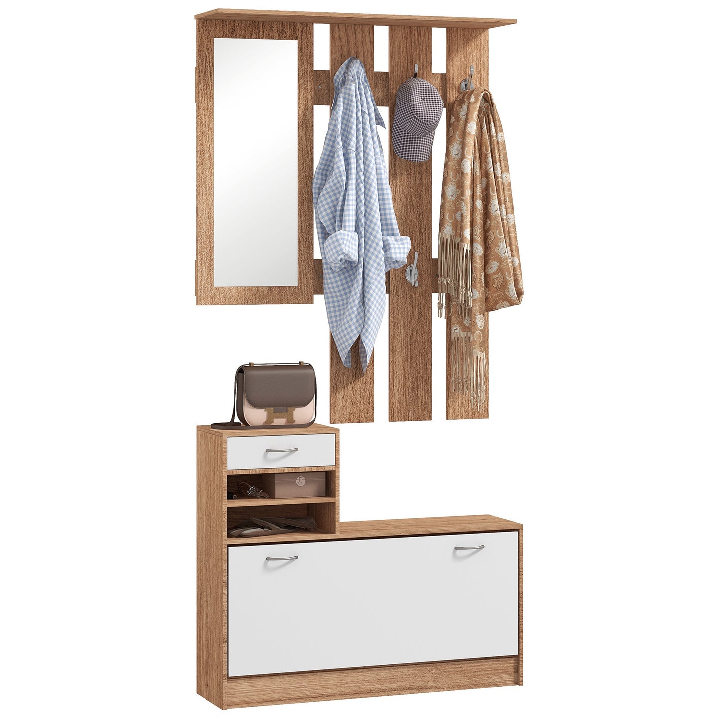 Halmeubel 3-in-1 – Kapstok – Schoenenkast – Spiegel – Opbergmeubel – Walnoot en Wit – 6 Haken – Verstelbare Plank