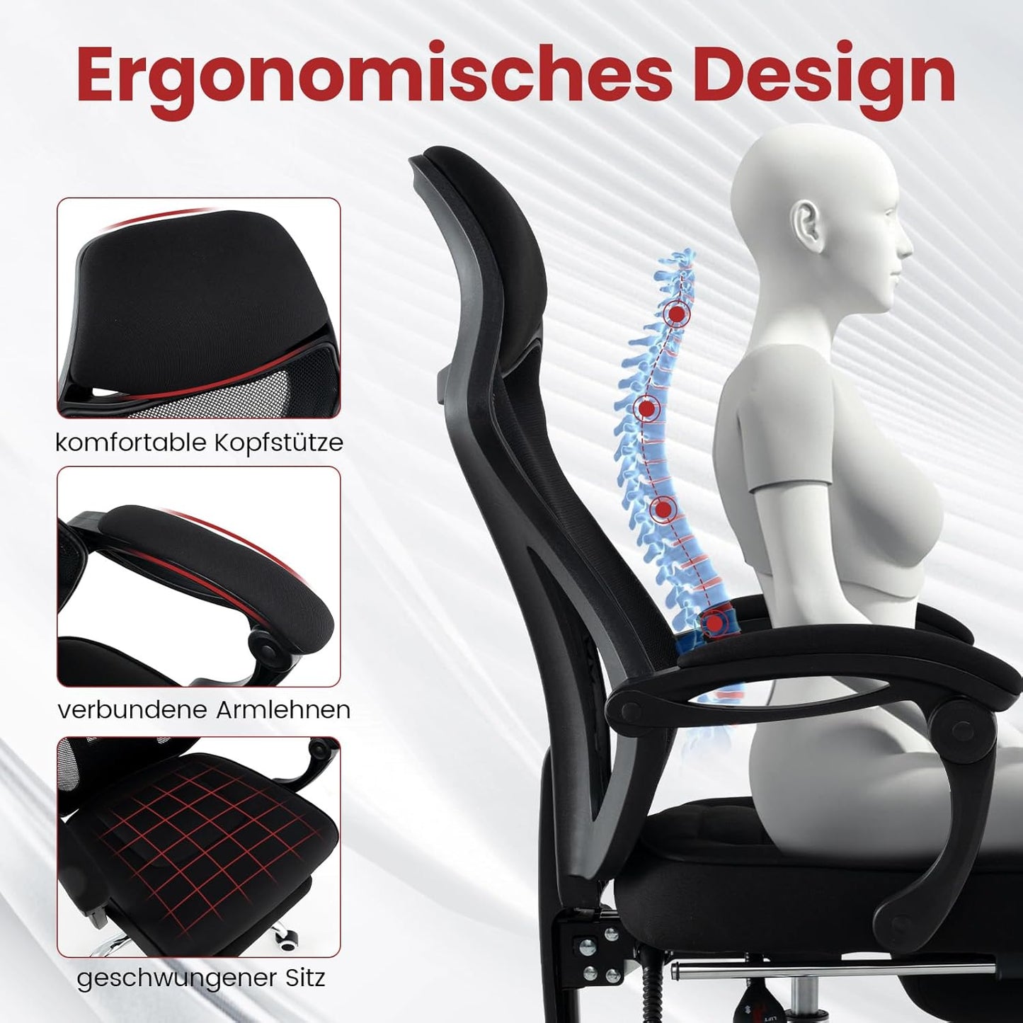 Ergonomische Bureaustoel – Bureaustoel Kantoorstoel Werkstoel Computestoel – Verstelbare Rugleuning – Uittrekbare Voetensteun – In hoogte Verstelbare Hoofdsteun – Mesh Stof – Zwart