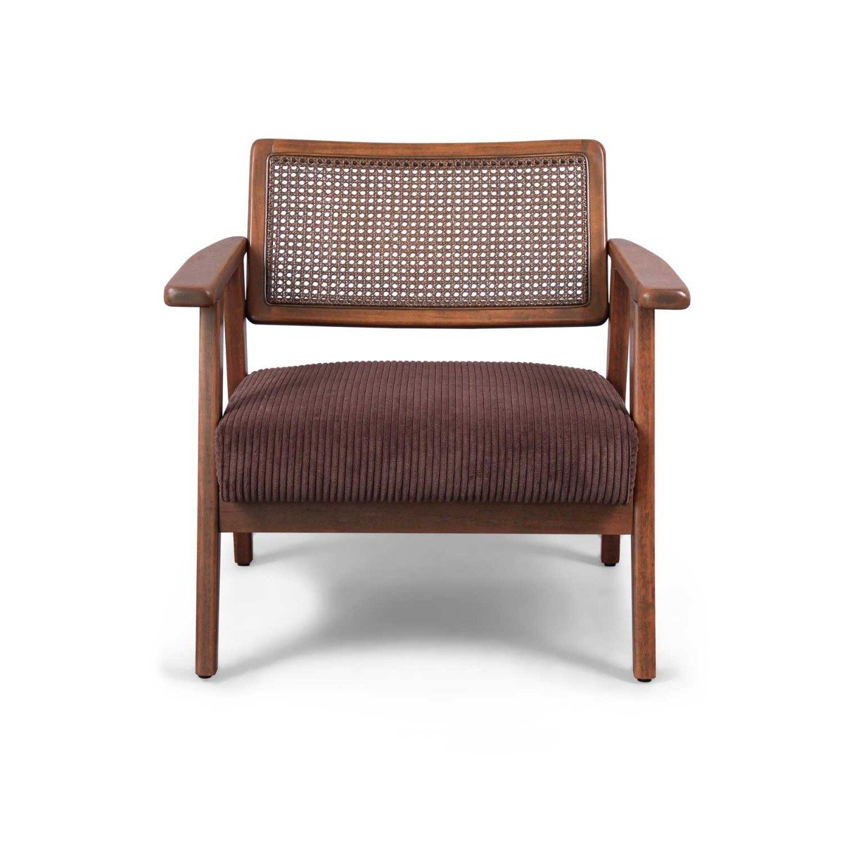 Stoel – Fauteuil – Zithoekstoel – Leunstoel – Retrostoel – Massief Parawood Hout – Polyrattan Inleg – Geribd Velvet Zitkussen
