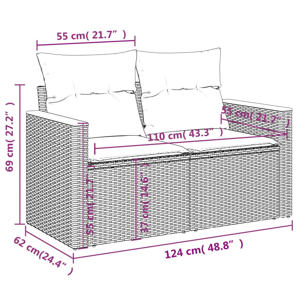 Tuinbankset – Buitenbank – Tuinset – Loungebank – Buitenmeubel – PE-Rattan – Poedergecoat Stalen Frame – Inclusief Wasbare Kussens – Grijs – Zonder Tafel