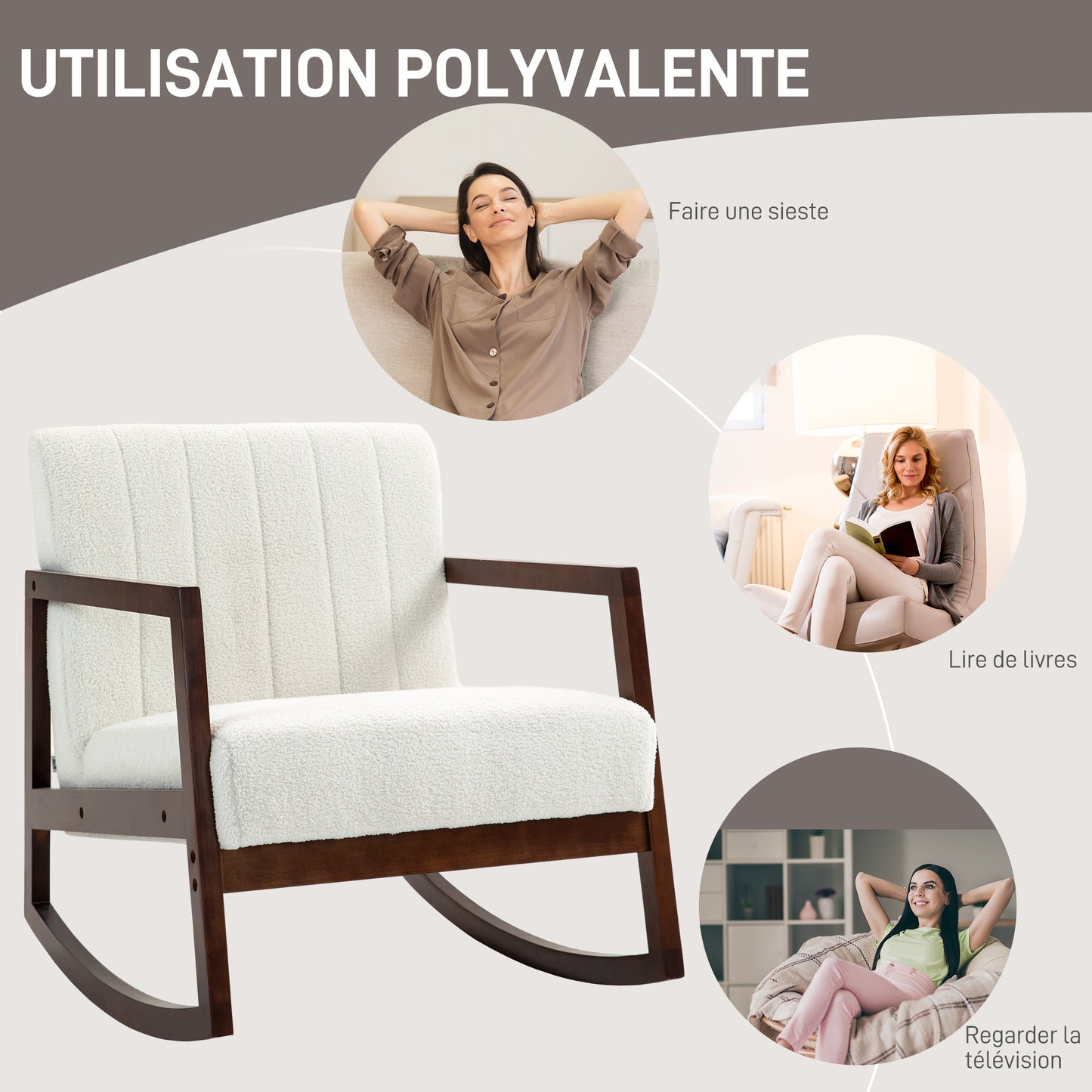 Schommelstoel – Relaxstoel – Fauteuil – Voedingsstoel – Loungestoel – Massief Heveahout Frame – Moderne Witte Wolstof – Antislip Voeten – Gemakkelijk Montage – 67x93x80 cm