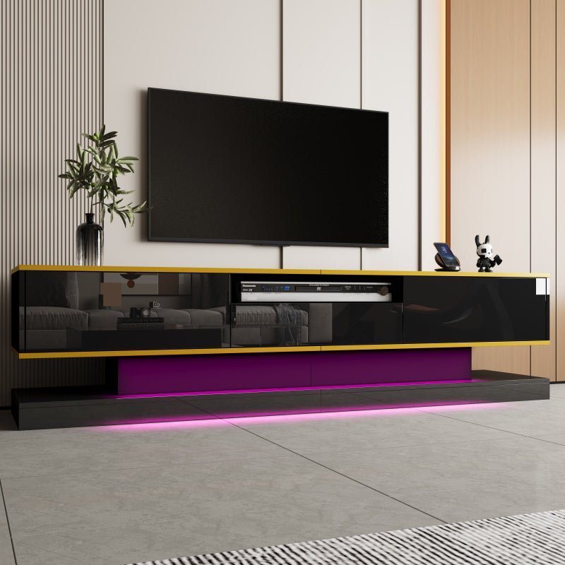 Modern Tv-meubel – Tv-kast – Entertainmentmeubel – Opbergmeubel – Woonkamermeubel – Zwart Hoogglans Met Gouden Accenten – 3 Laden + Open Vak Met Kleurveranderende LED – Ruimtebesparend 180x38x45 cm