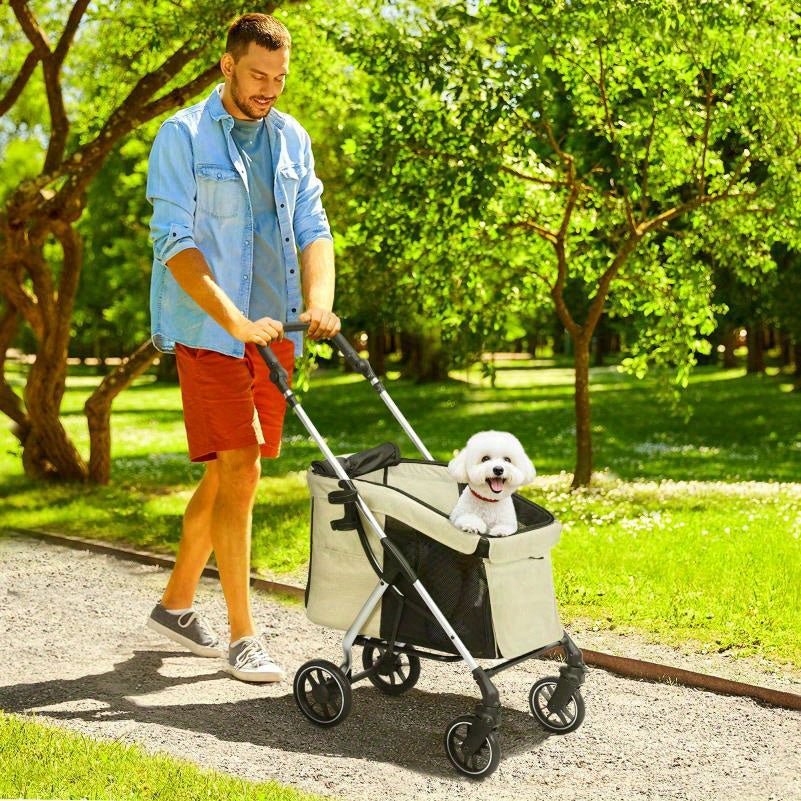 Hondenbuggy – Draagwagen – Hondenwagen – Wandelwagen – Huisdierenbuggy – Opvouwbaar Aluminium Frame – Ventilatie Mesh & Veiligheidsharnas – Geschikt Voor Kleine Honden En Konijnen Tot 10 kg – Ruime Opbergmand – All-Terrain Wielen