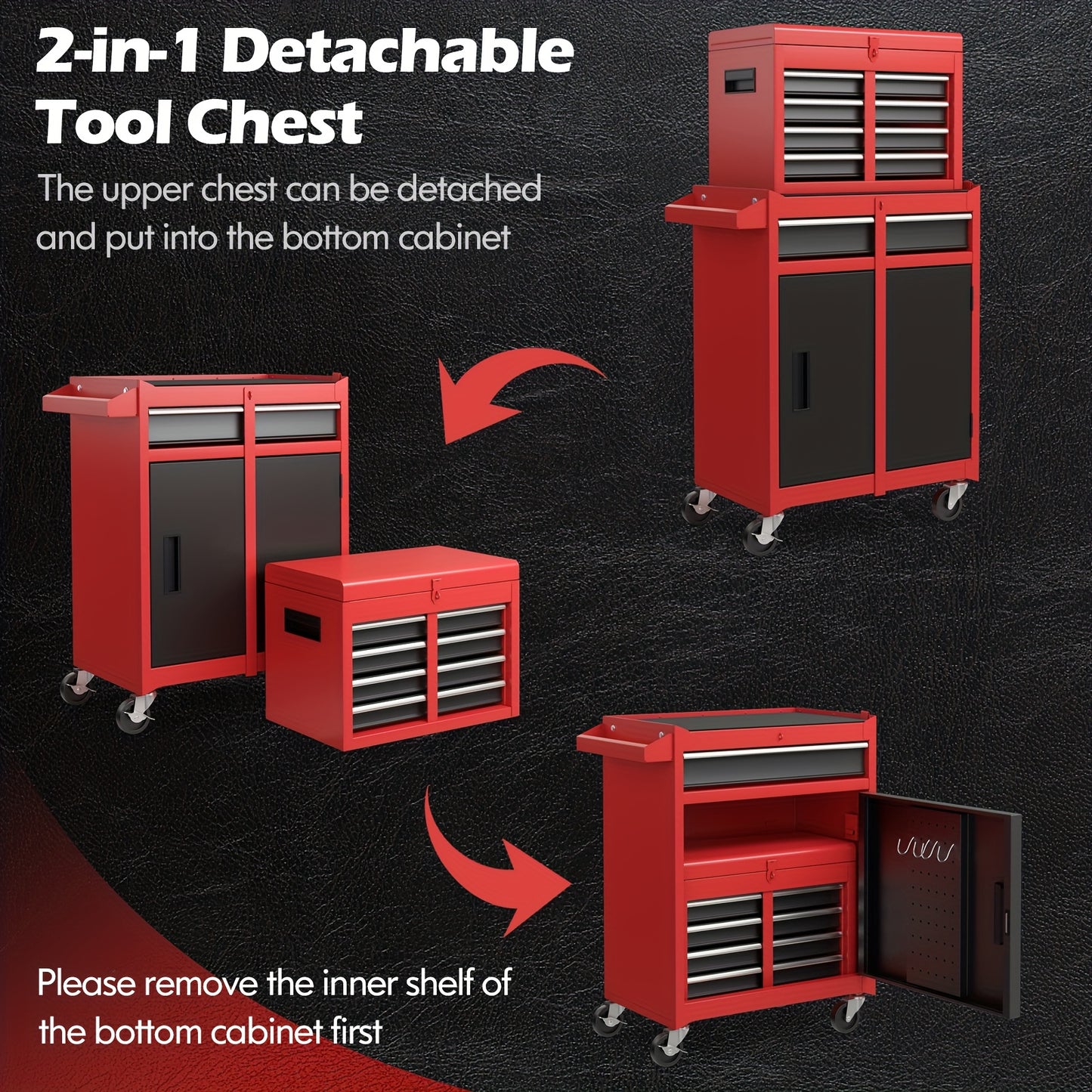 Werkbank – Werktafel – Gereedschapskist – Opbergkast – Mobiele Werkbank – 5 Lades – Opvouwbaar – Verstelbare Plank – Metalen Frame – Rood
