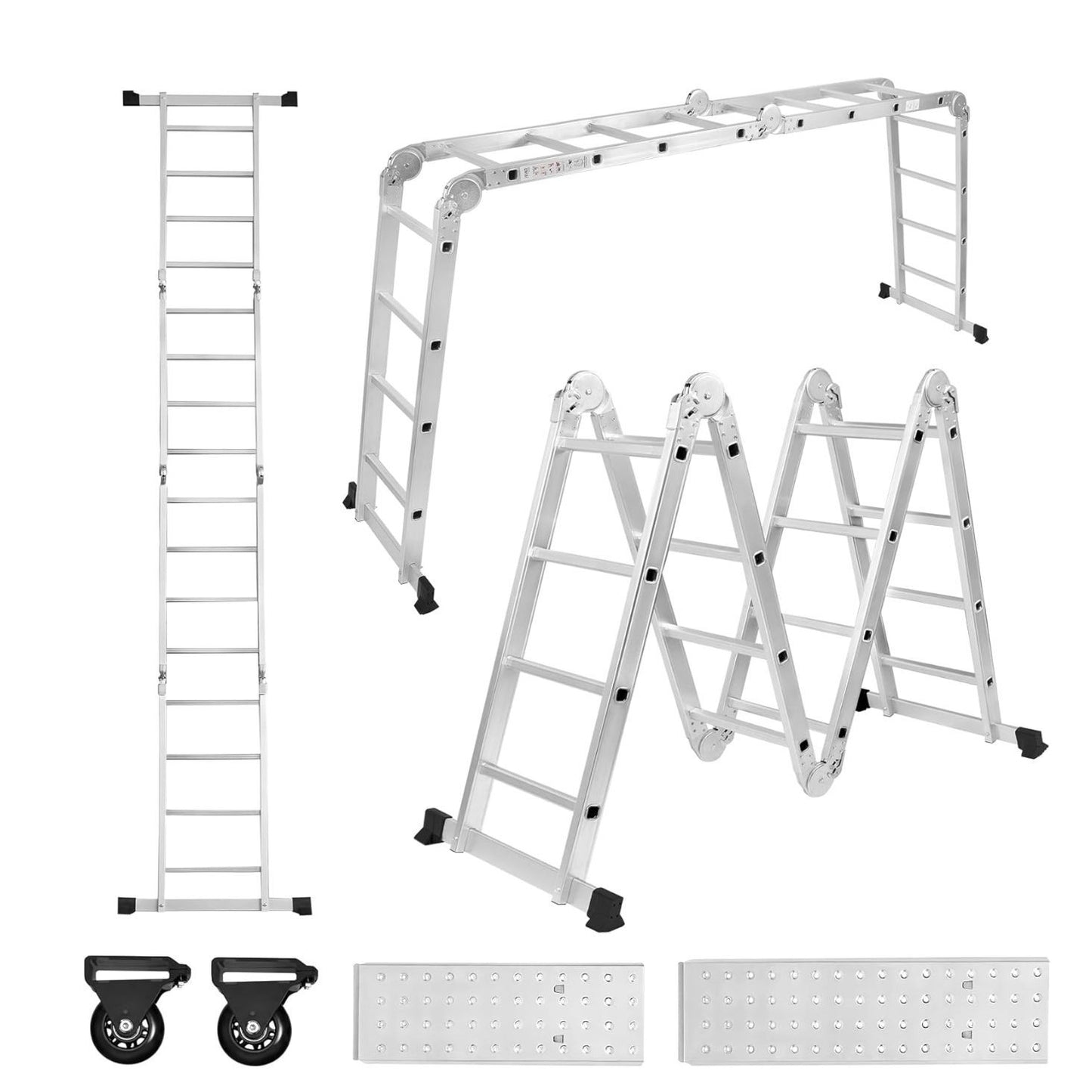 Multifunctionele Ladder – Aluminium Ladder – Vouwladder – Steiger – Werkplaatsladder – 470 cm Hoogte – 2 Afneembare Werkplatforms – 2 Ingebouwde Wielen