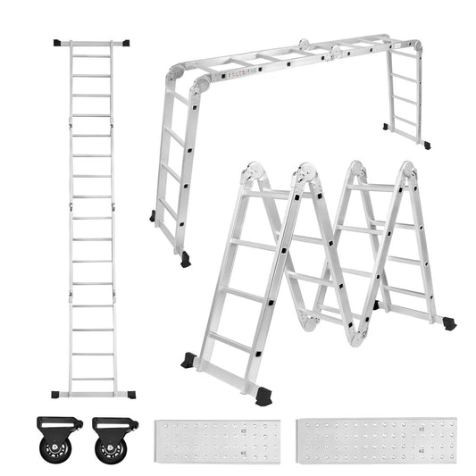 Multifunctionele Ladder – Aluminium Ladder – Vouwladder – Steiger – Werkplaatsladder – 470 cm Hoogte – 2 Afneembare Werkplatforms – 2 Ingebouwde Wielen