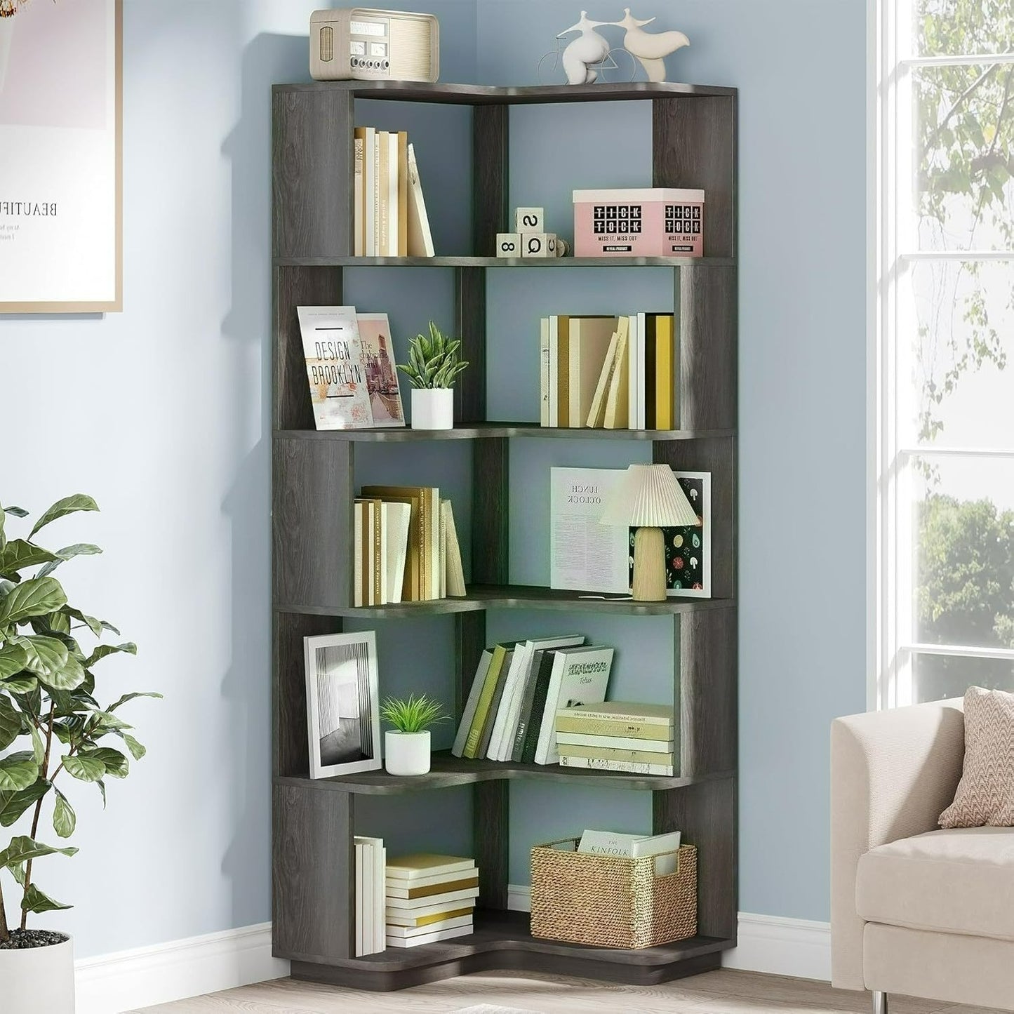 Hoekboekenkast – Hoekrek – Boekenplank – Opbergkast – Displaykast – 6 Vakken – Anti-Drop Panel – Modern Donkergrijs – Industrieel Design – 165 cm Hoog