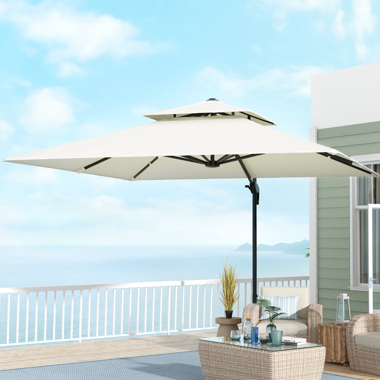 Parasol – Tuinparasol – Zonneparasol – Terrasparasol – Offset Parasol – 3x3 Meter – Kantelbaar en Draaibaar – Dubbel Dak voor Ventilatie – Beige Polyester